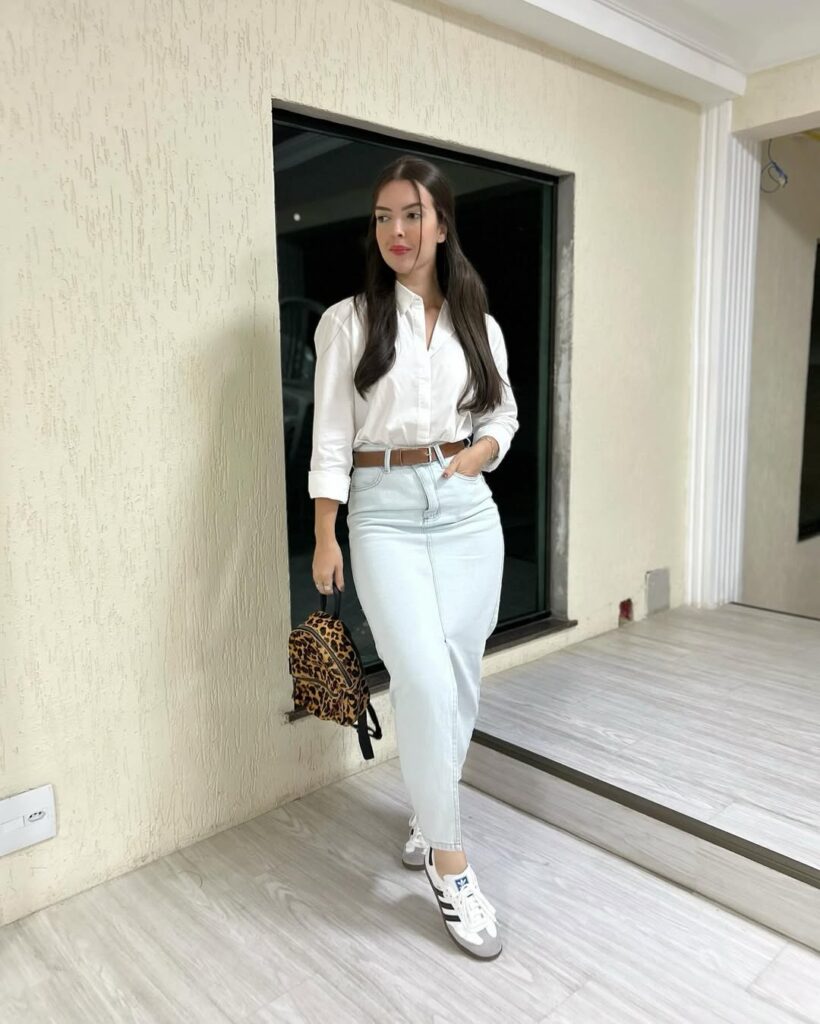 White Shirt + Denim Midi Skirt + Adidas Sambas