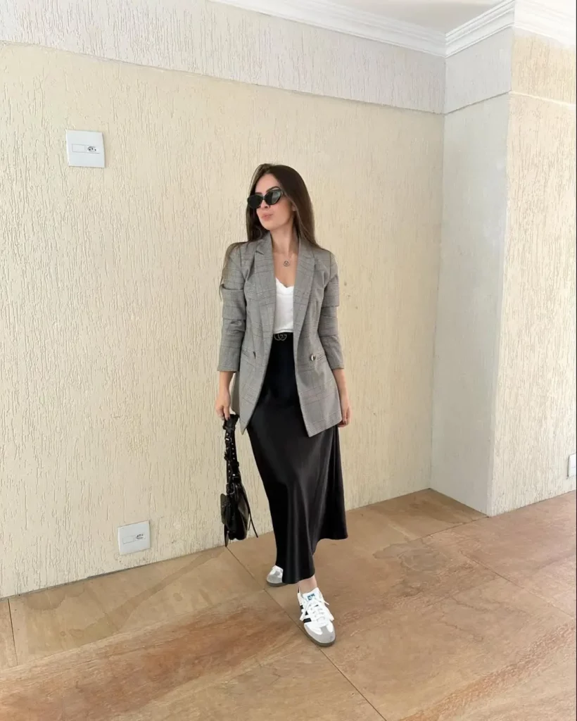 Plaid Blazer + White Tee + Black Midi Skirt + Adidas Sambas