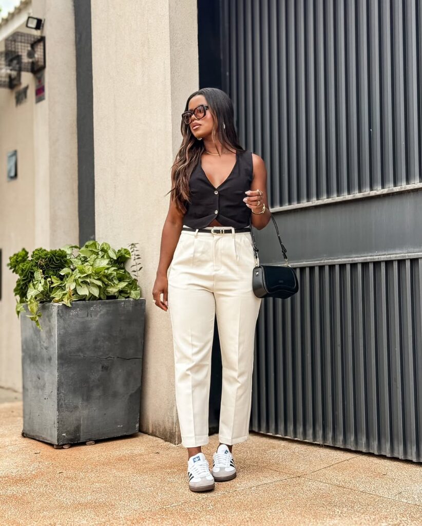 Black Blazer + White Top + Tailored Trousers + Adidas Sambas