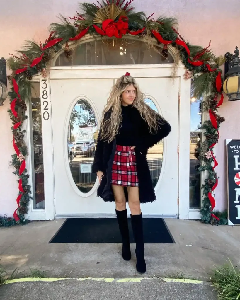 Bold Christmas Glamour with Skirt and Boots