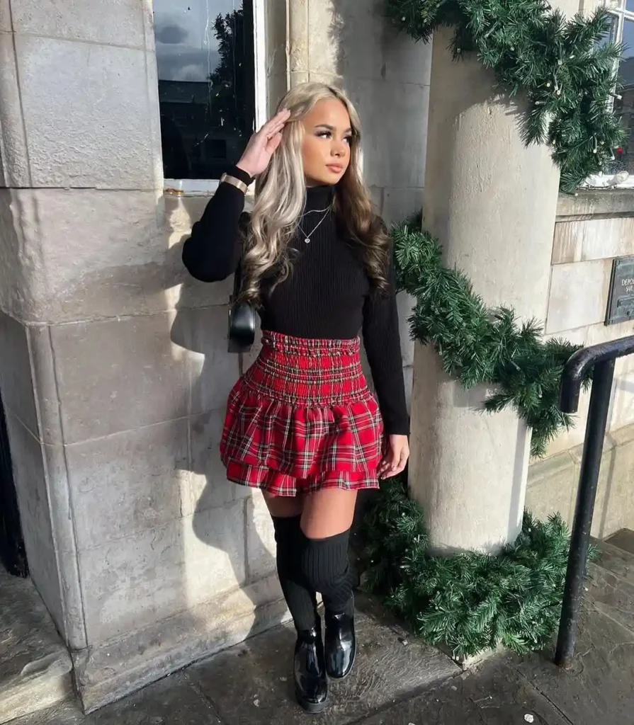 Street Chic Christmas Glam with Skirt and Boots