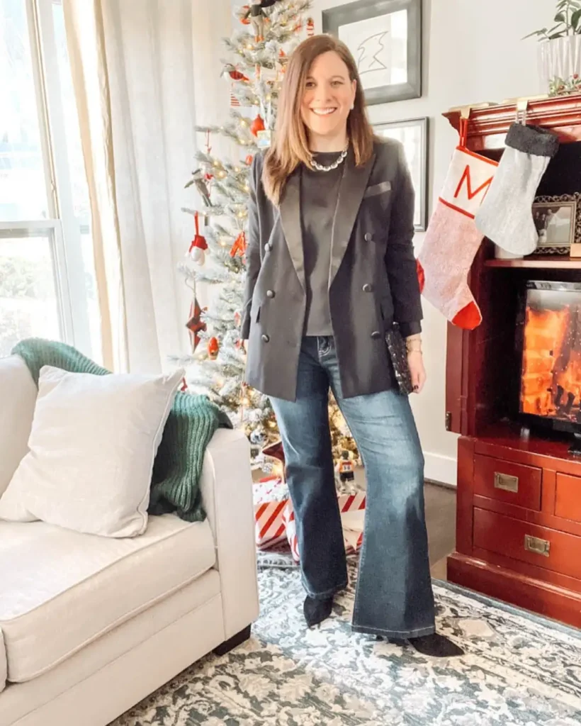 Chic Christmas Glow with Jeans and Boots