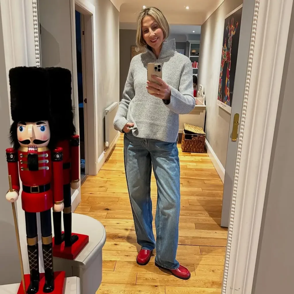 Cozy Christmas Casual with Red Loafers