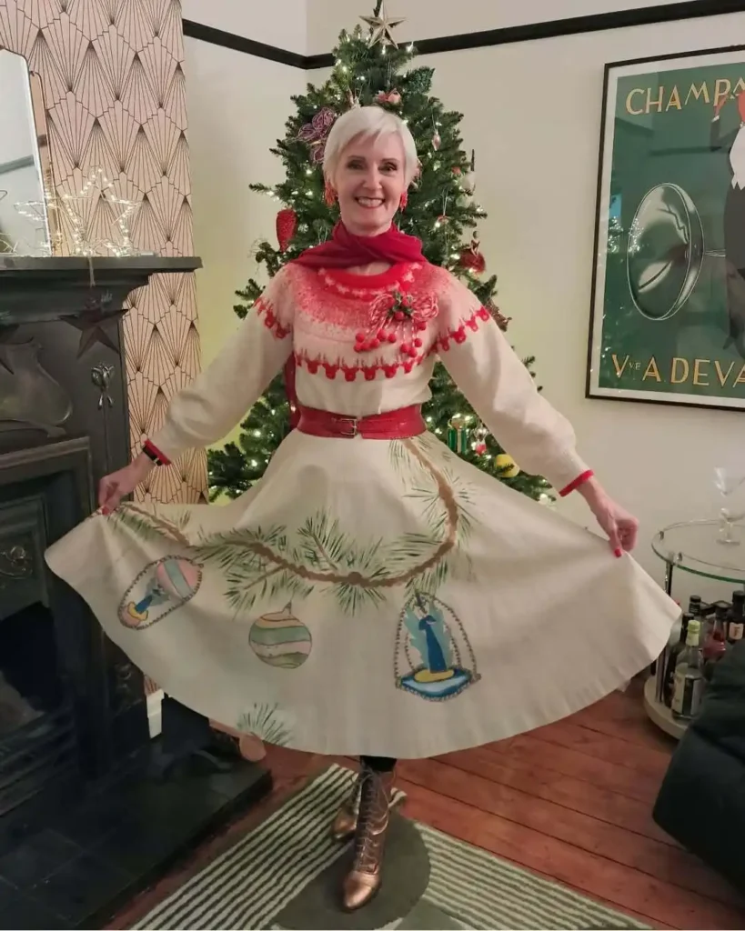 Vintage Christmas Elegance in Skirt and Boots