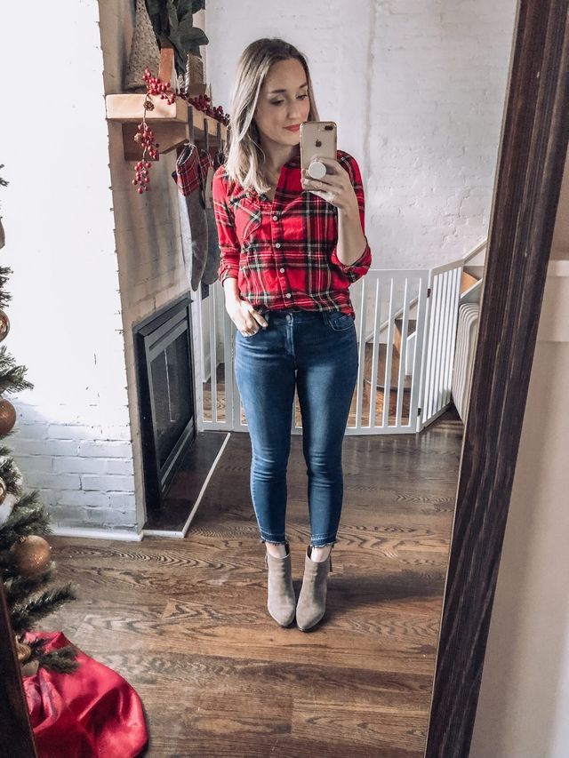 Cozy Christmas Plaid with Jeans and Boots