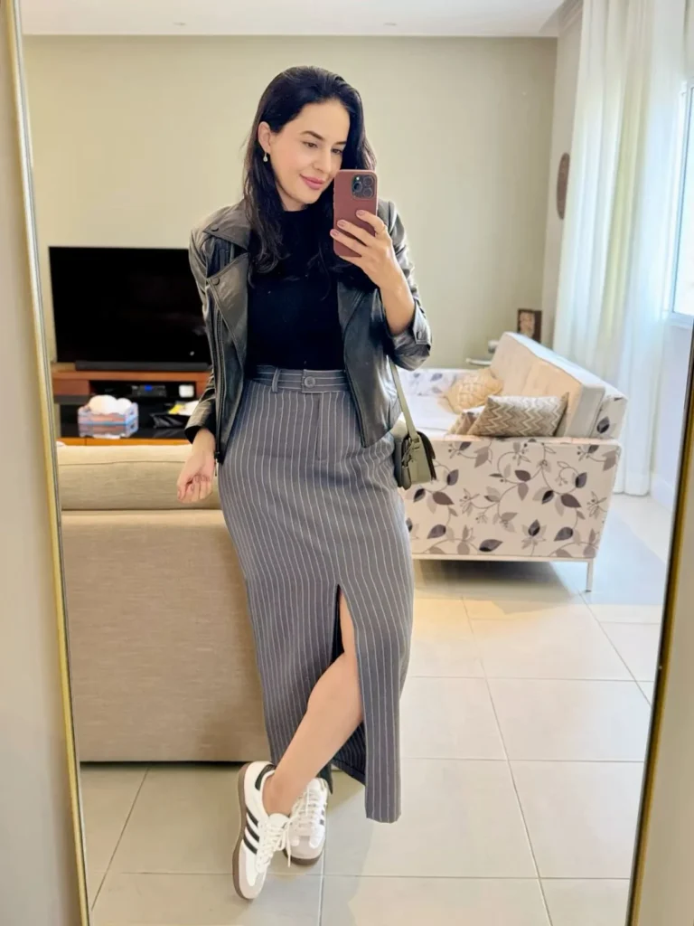 Effortless Edge with a Pinstripe Skirt and Samba Sneakers