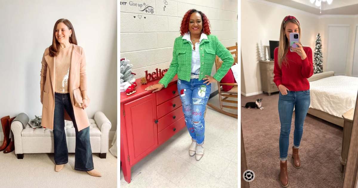 Christmas Jeans Outfit Ideas with Boots