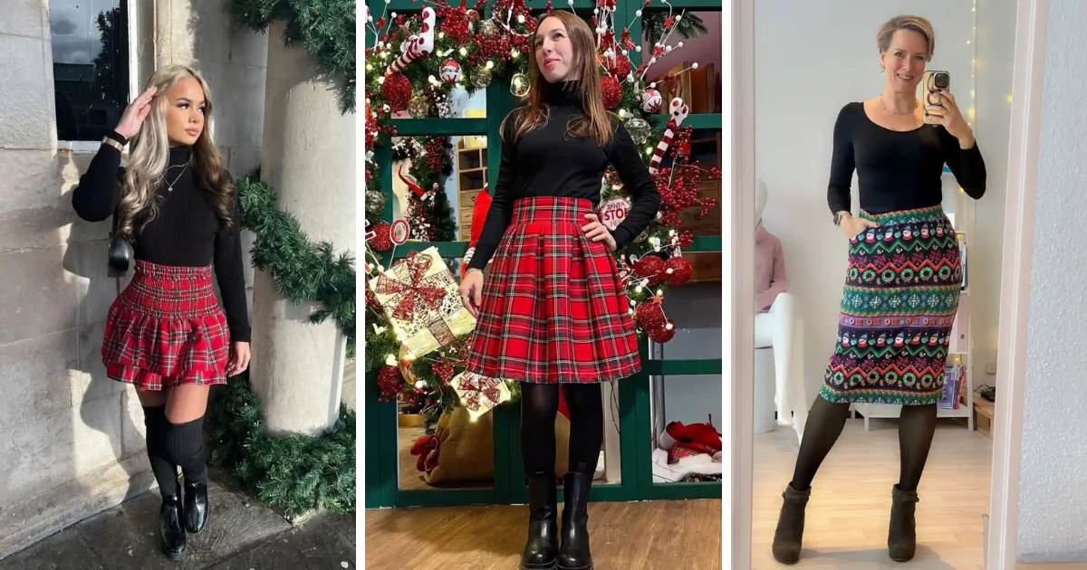Christmas Outfit Ideas with Skirts and Boots