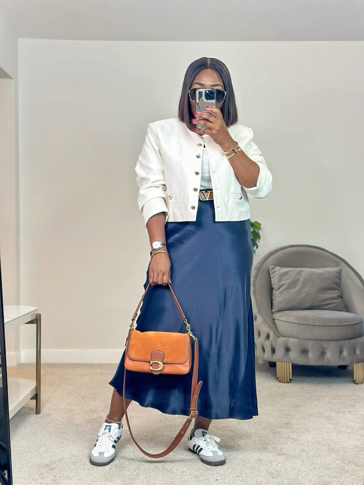 Polished Satin Skirt Look with Samba Sneakers