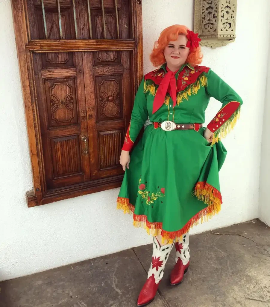 Whimsical Retro Christmas Style with Red Ankle Boots