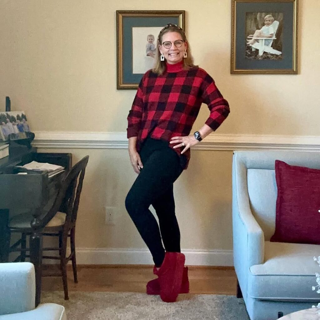 Cozy Plaid Comfort with Red Boots