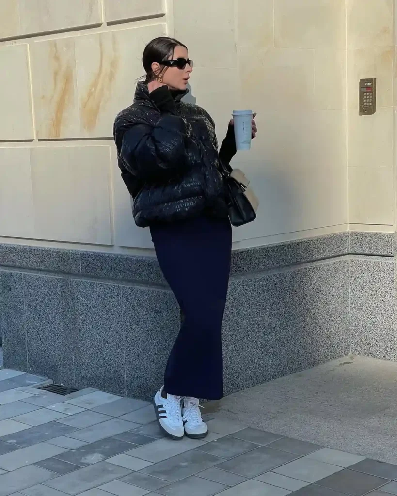 Winter Luxe in a Maxi Skirt with Samba Sneakers