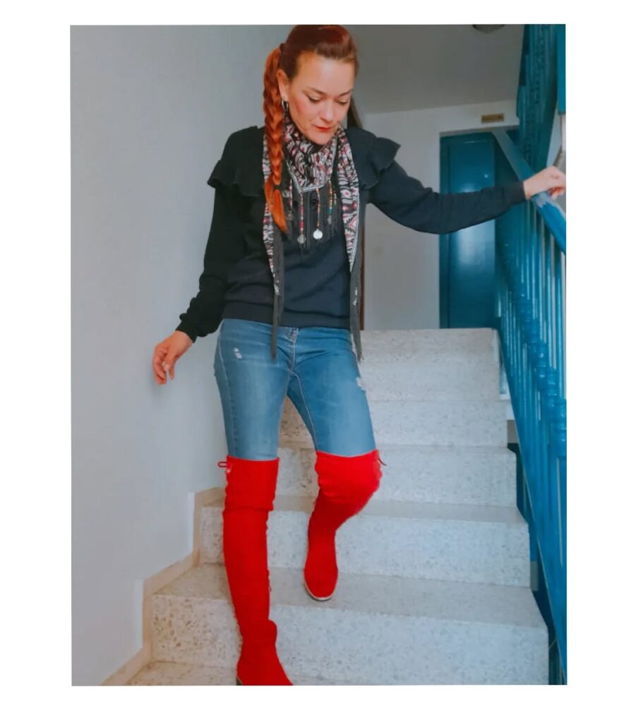 Cozy Stairway Glam with Red Boots