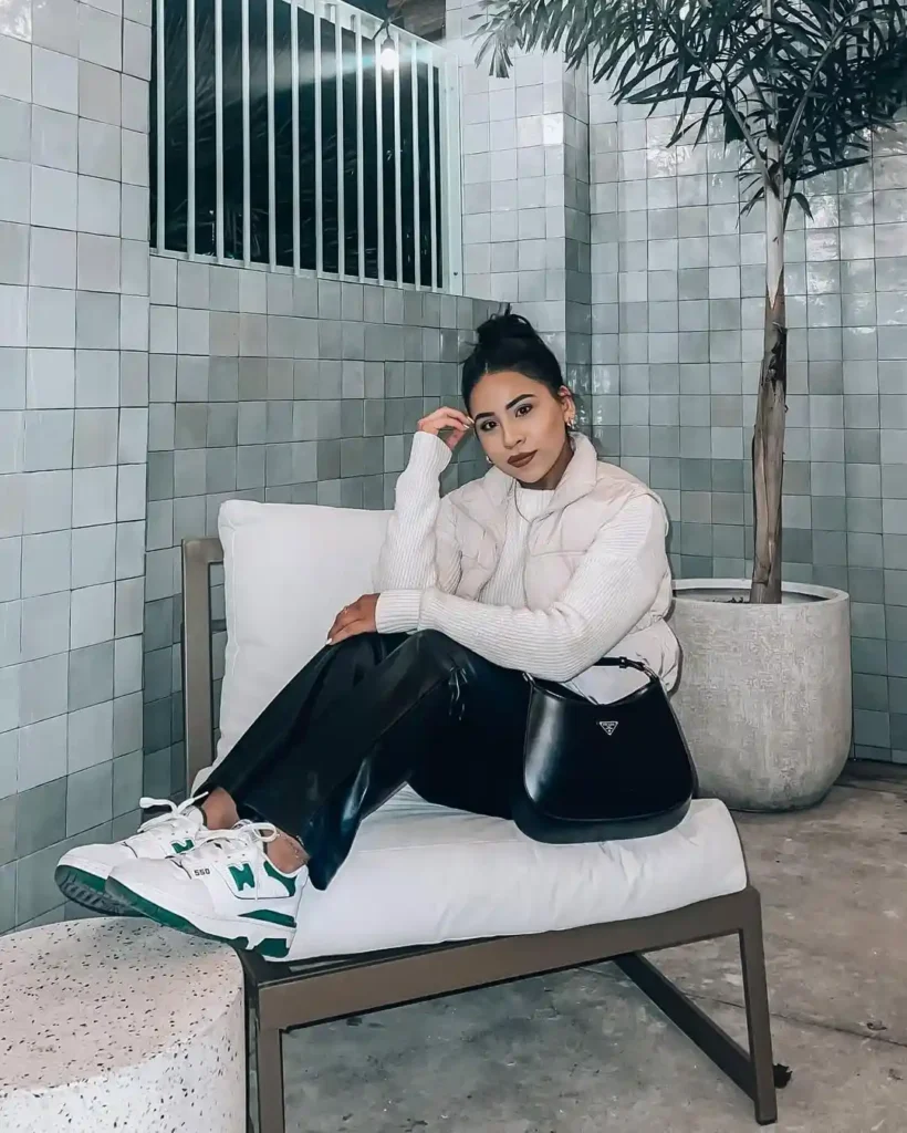 Sleek Winter Style with Green Accent Sneakers