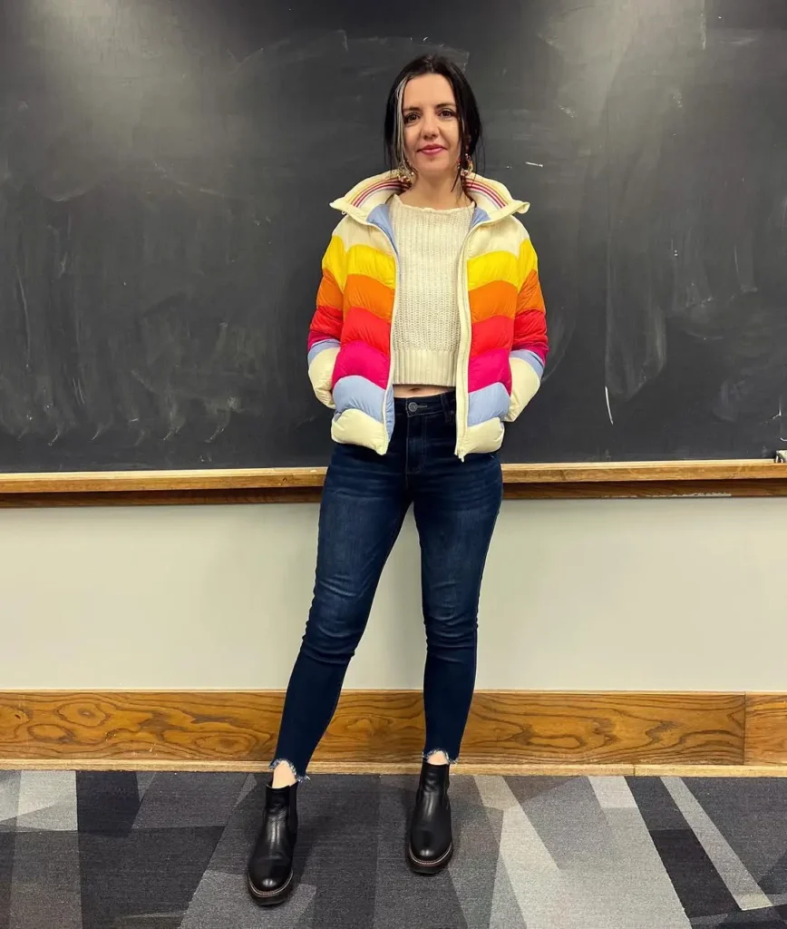 Colorful Puffer Style with Sleek Chelsea Boots