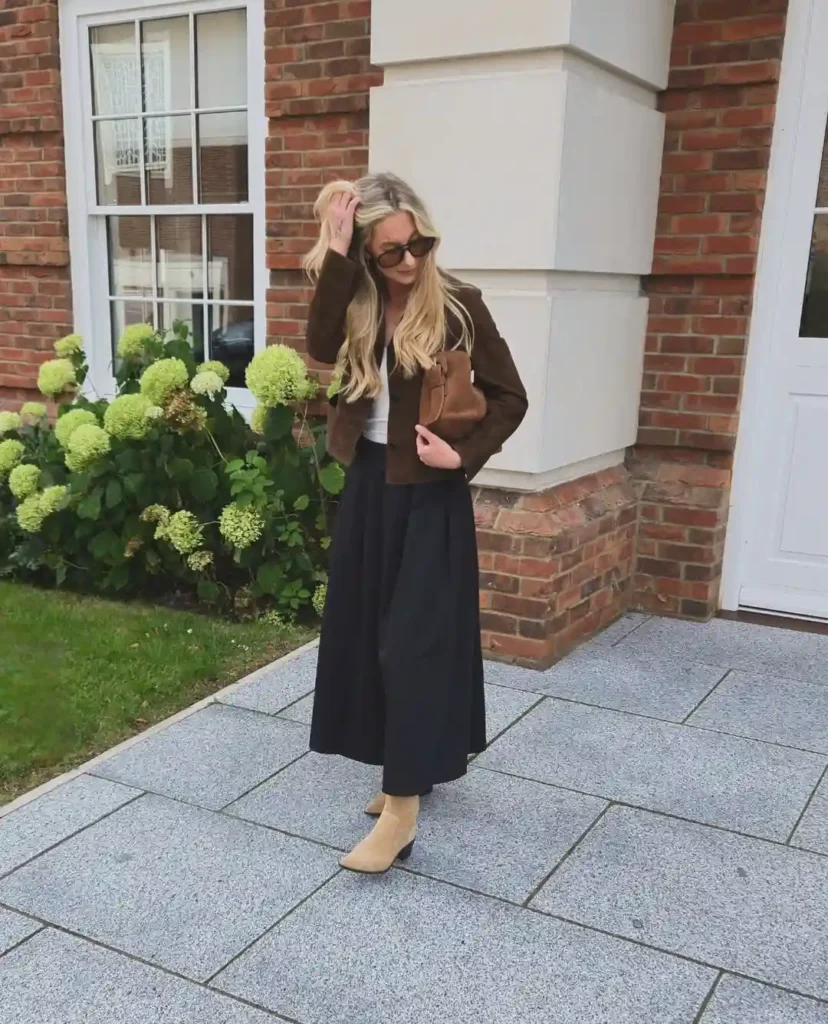 Brown Suede Layers With a Flowing Black Skirt