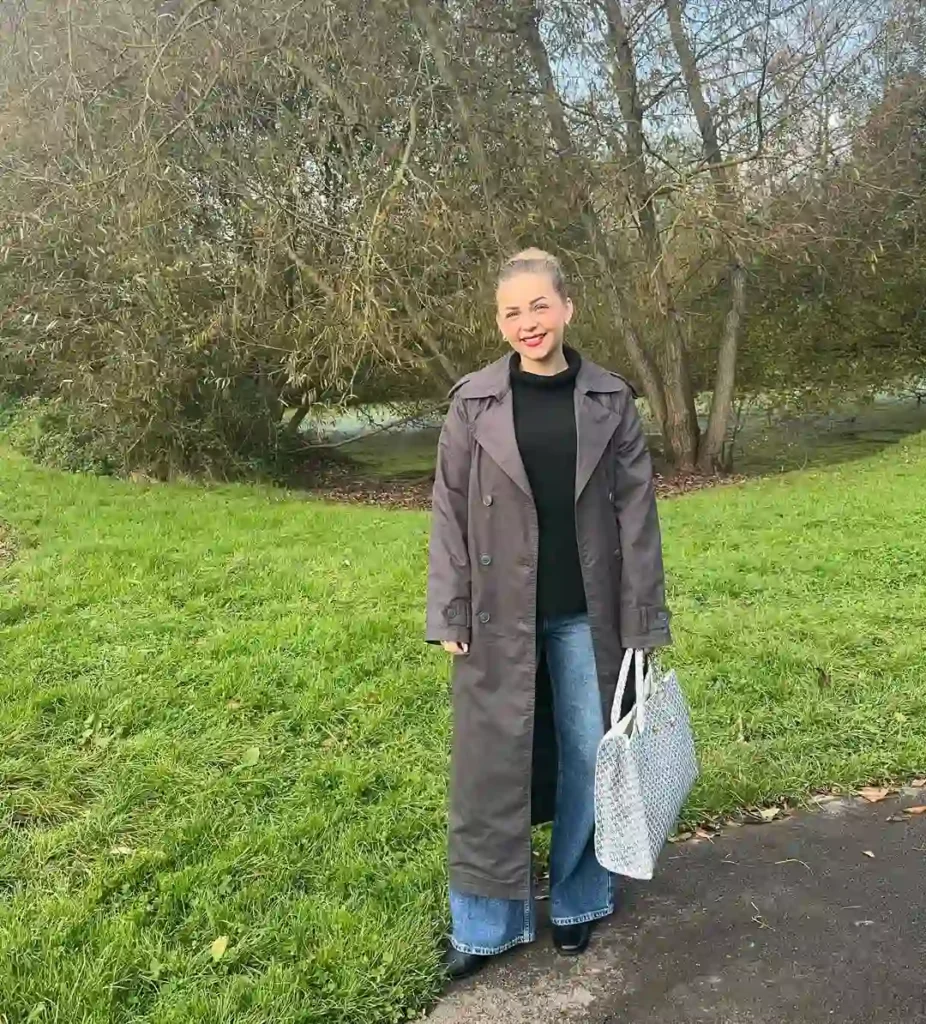Long Trench Coat with Wide-Leg Jeans