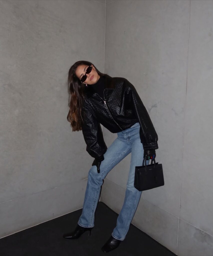 Black Textured Jacket with Blue Jeans