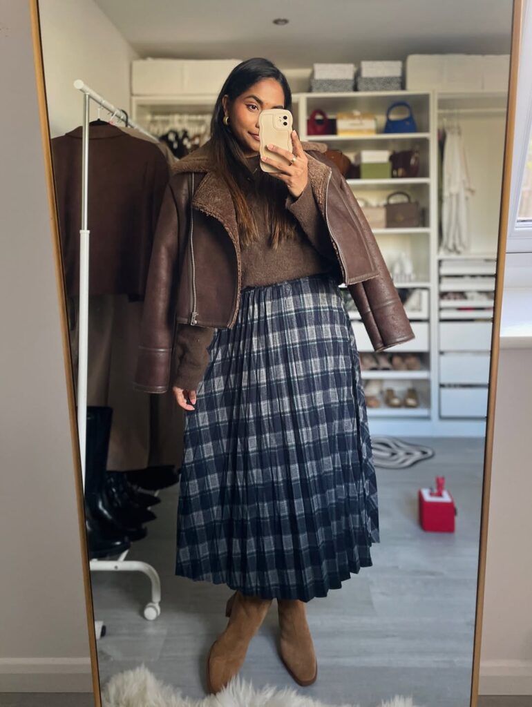 Cozy Browns with a Flowing Plaid Skirt