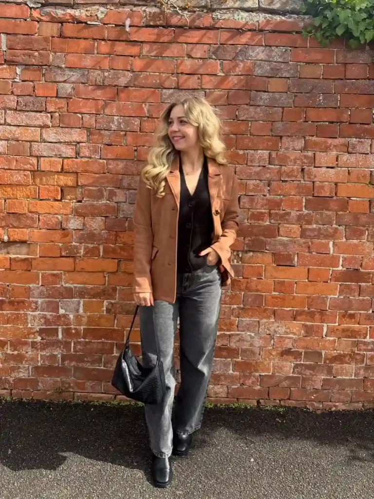 Brown Suede Layers with Grey Jeans