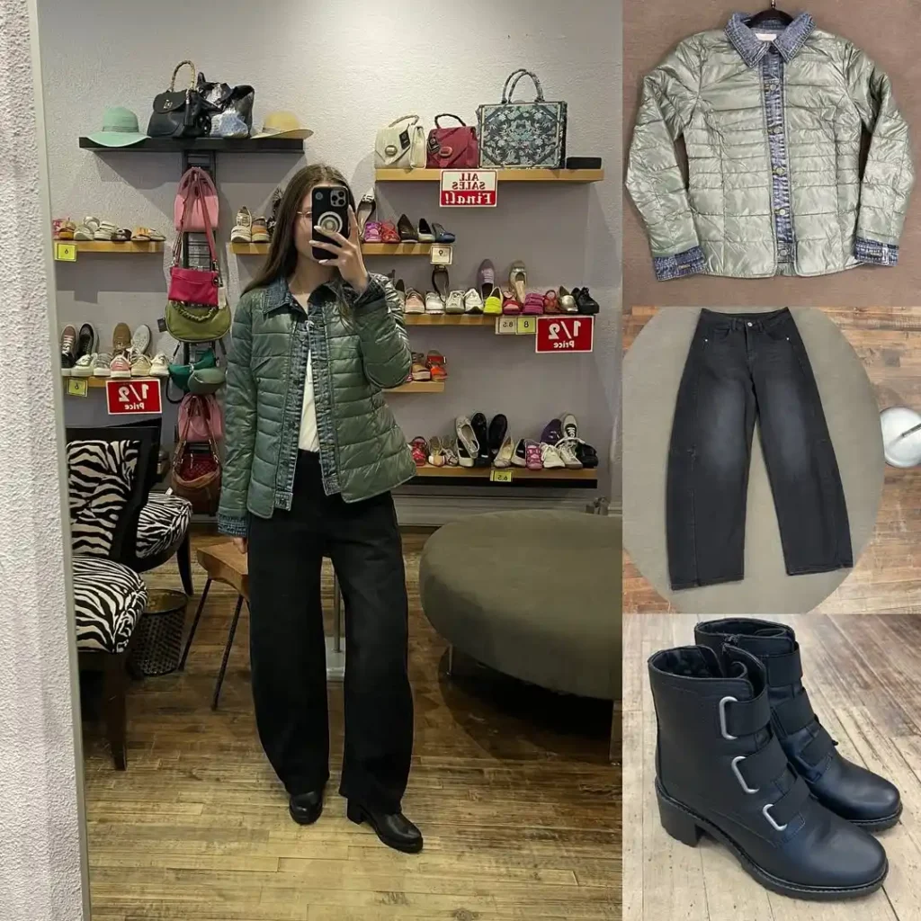 Green Puffer Layers with Black Boots