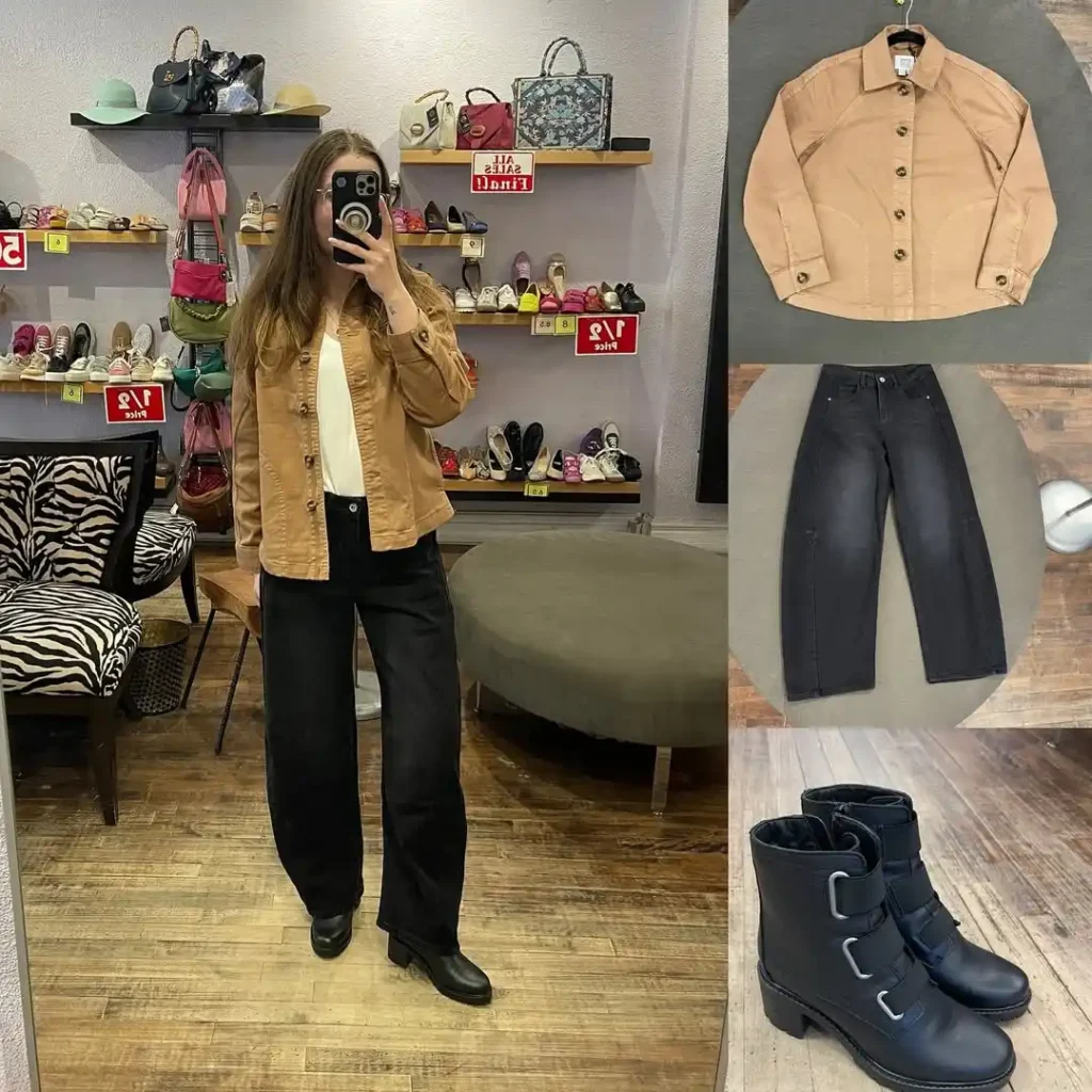 Tan Jacket with Black Barrel Jeans