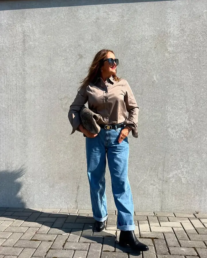 Taupe Shirt with Rolled Jeans and Black Boots