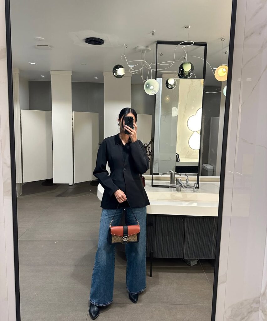 Black Blazer with Wide-Leg Jeans