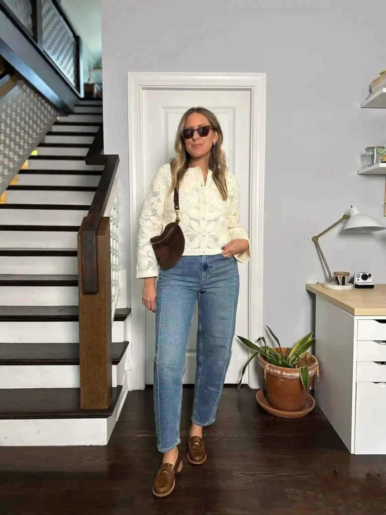 Casual Home Chic with Barrel Jeans and Loafers