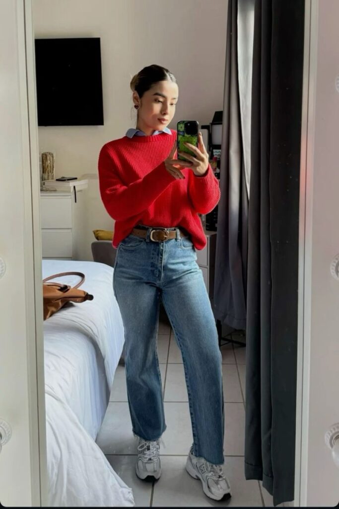 Cozy Chic Balance with Barrel Jeans & Sneakers