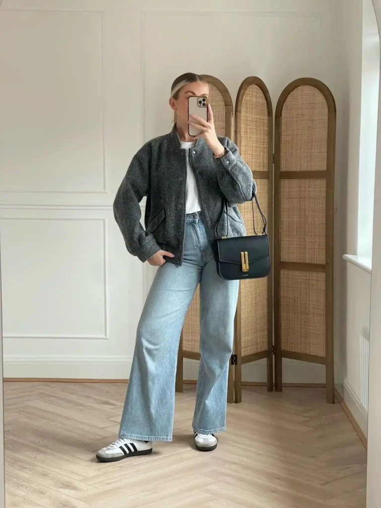 Polished Casual Layers with Bootcut Jeans & Adidas Samba