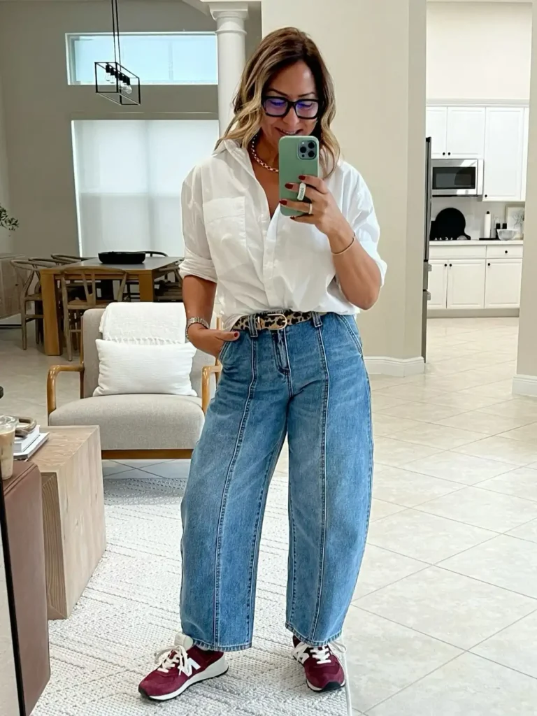 Polished Casual Balance with Barrel Jeans & Sneakers