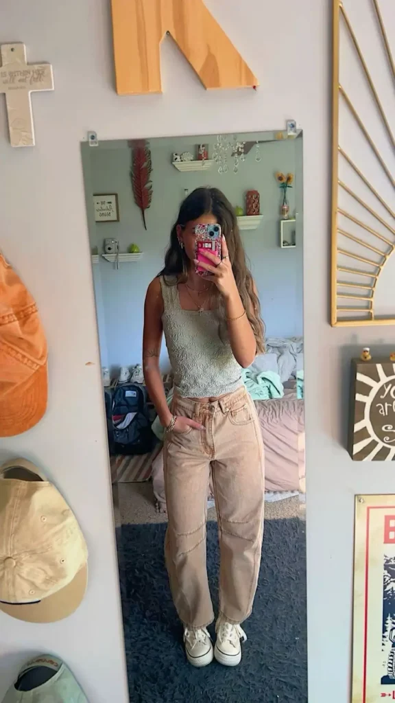 Earthy Neutrals with Barrel Jeans and Converse