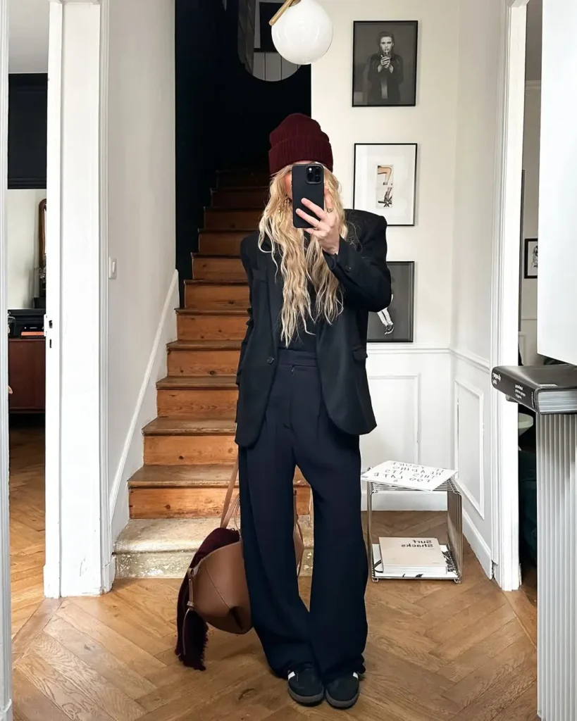 All-Black Ease with a Blazer and Sambas