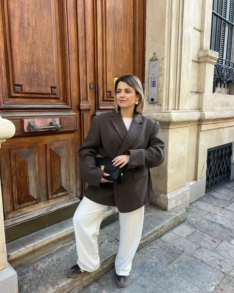 Elegant Neutrals with a Brown Blazer and Sambas