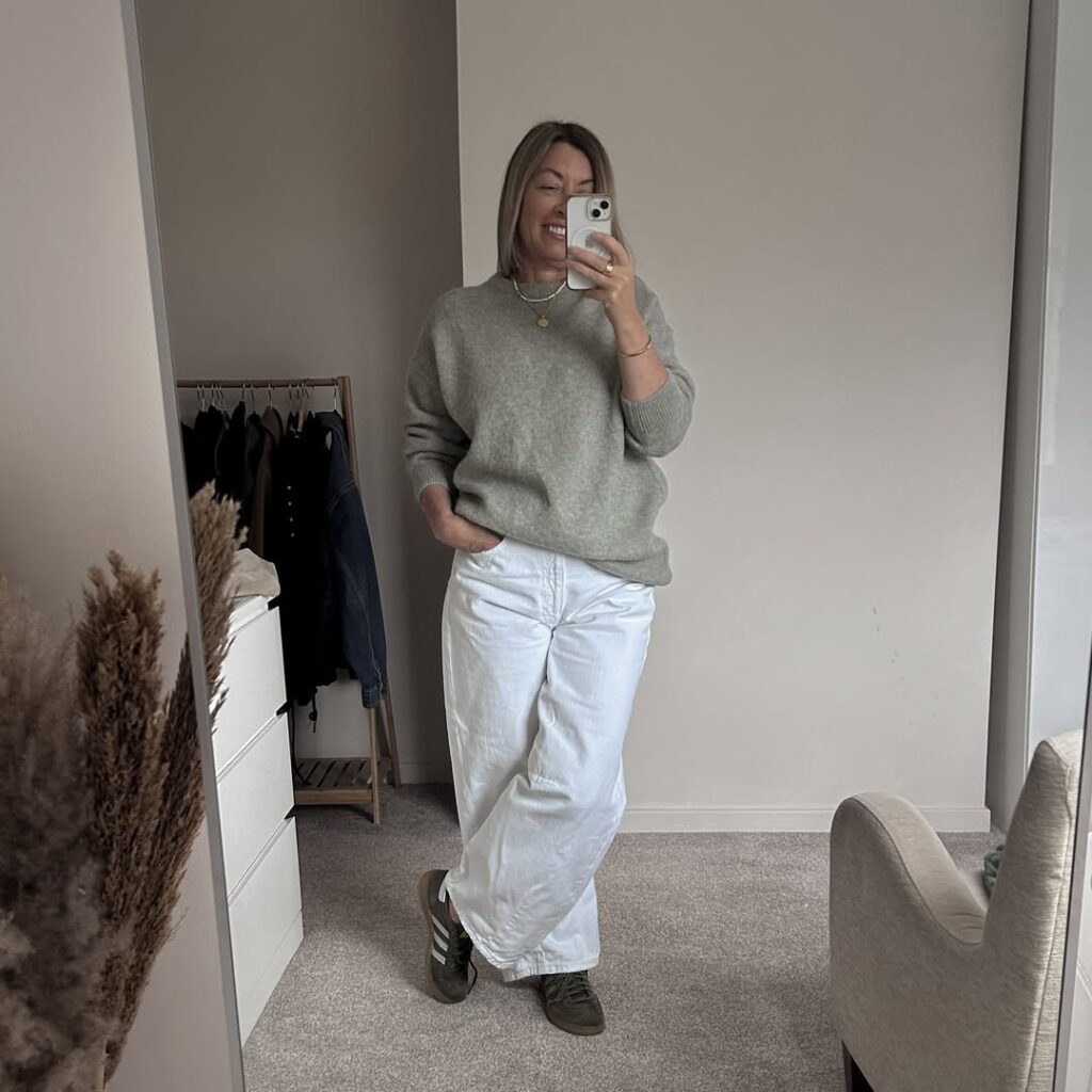 Soft Neutral Comfort with Wide-Leg Jeans & Adidas Sambas