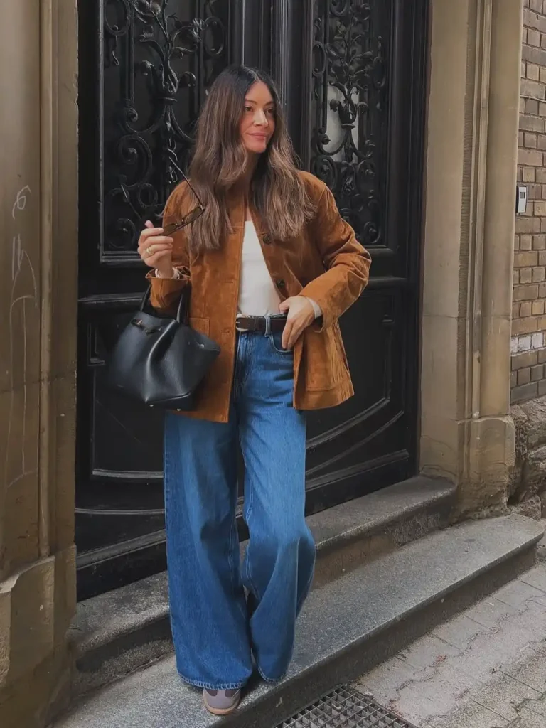Classic City Layers with Wide-Leg Jeans & Adidas Sambas
