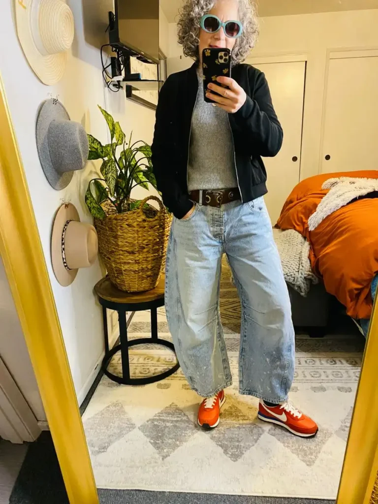 Bold Comfort with Barrel Jeans & Retro Sneakers