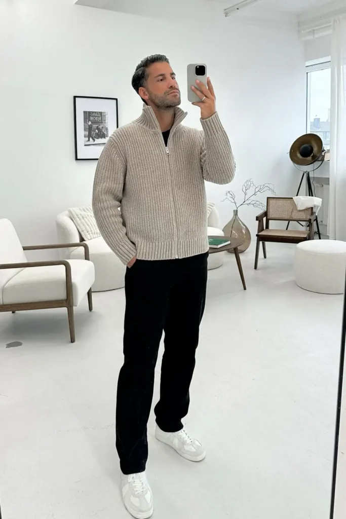 Warm Minimal Layers with Old Money Sneakers