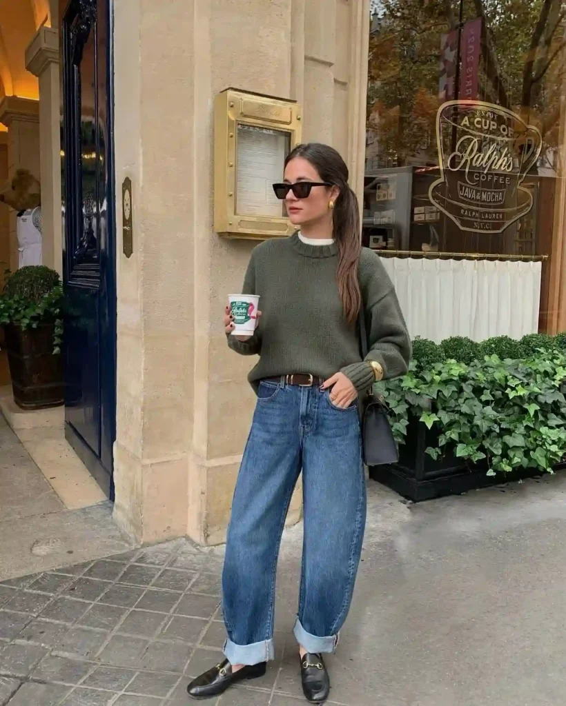 Effortless Coffee Run with Barrel Jeans and Loafers