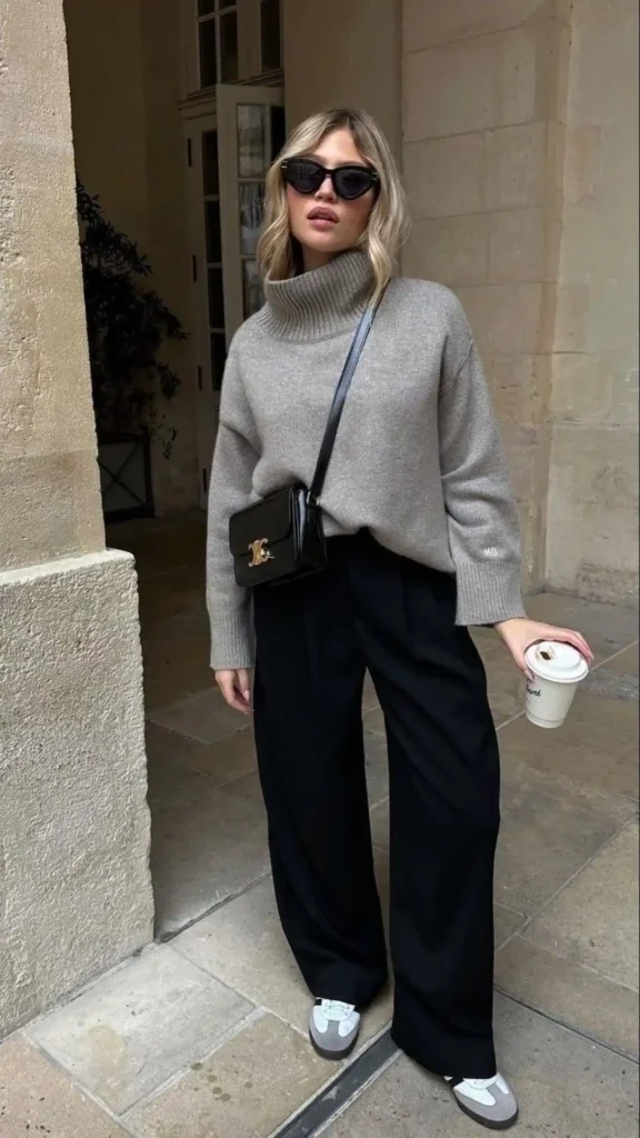 Effortless Neutral Layers with Wide-Leg Jeans & Adidas Sambas