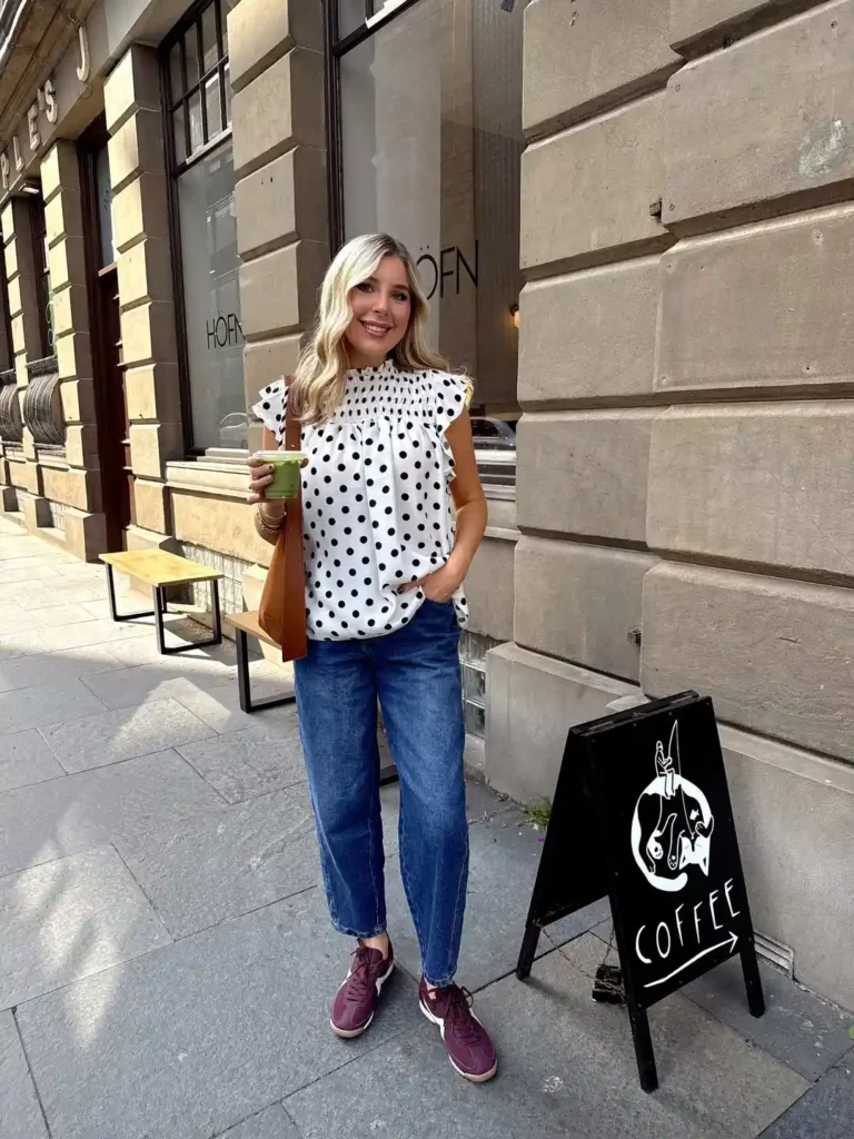 Casual Coffee Stop Style with Barrel Jeans and Sneakers