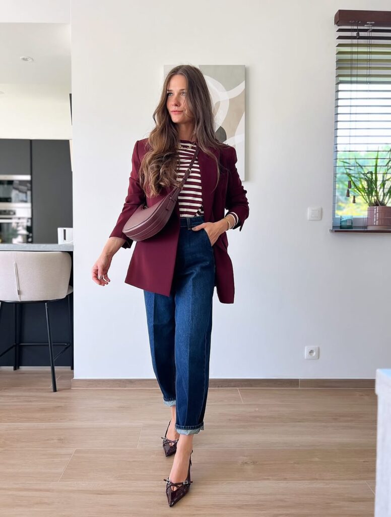 Classic Burgundy Balance with Barrel Jeans and Heels