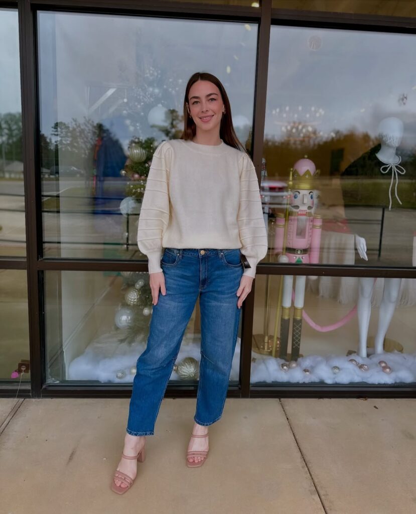 Soft Winter Neutrals with Barrel Jeans and Heels
