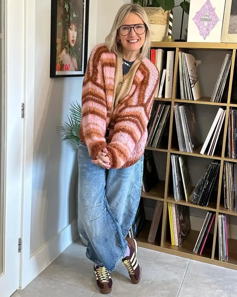 Cozy Knit Comfort with Barrel Jeans and Sneakers