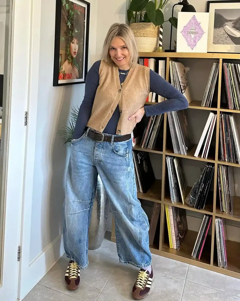 Relaxed Indoor Style with Barrel Jeans and Sneakers