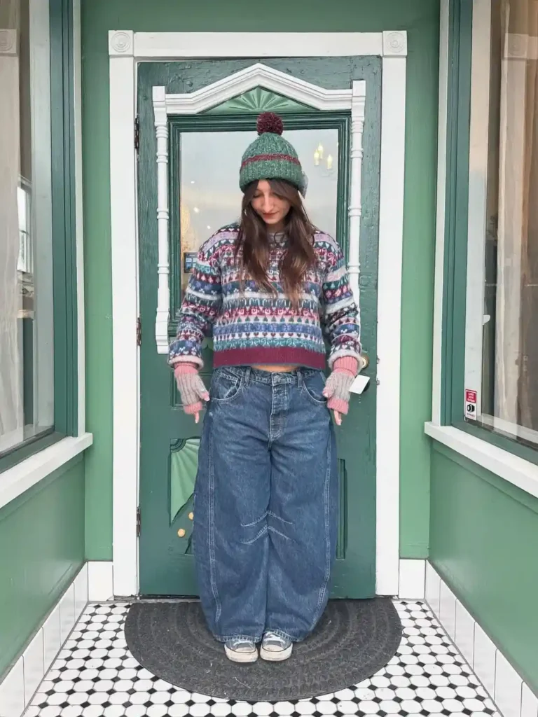 Cozy Winter Charm with Barrel Jeans and Sneakers