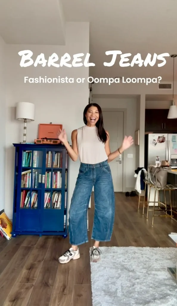 Playful Barrel Jeans Style with Chunky Sneakers