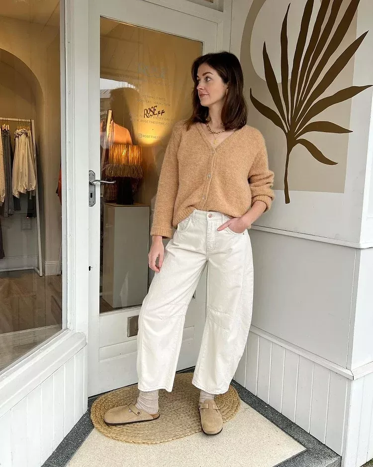 Soft Boutique Neutrals with Barrel Jeans and Clogs