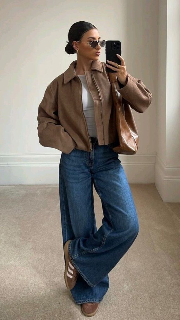 Casual Cool Layers with Wide-Leg Jeans & Adidas Sambas